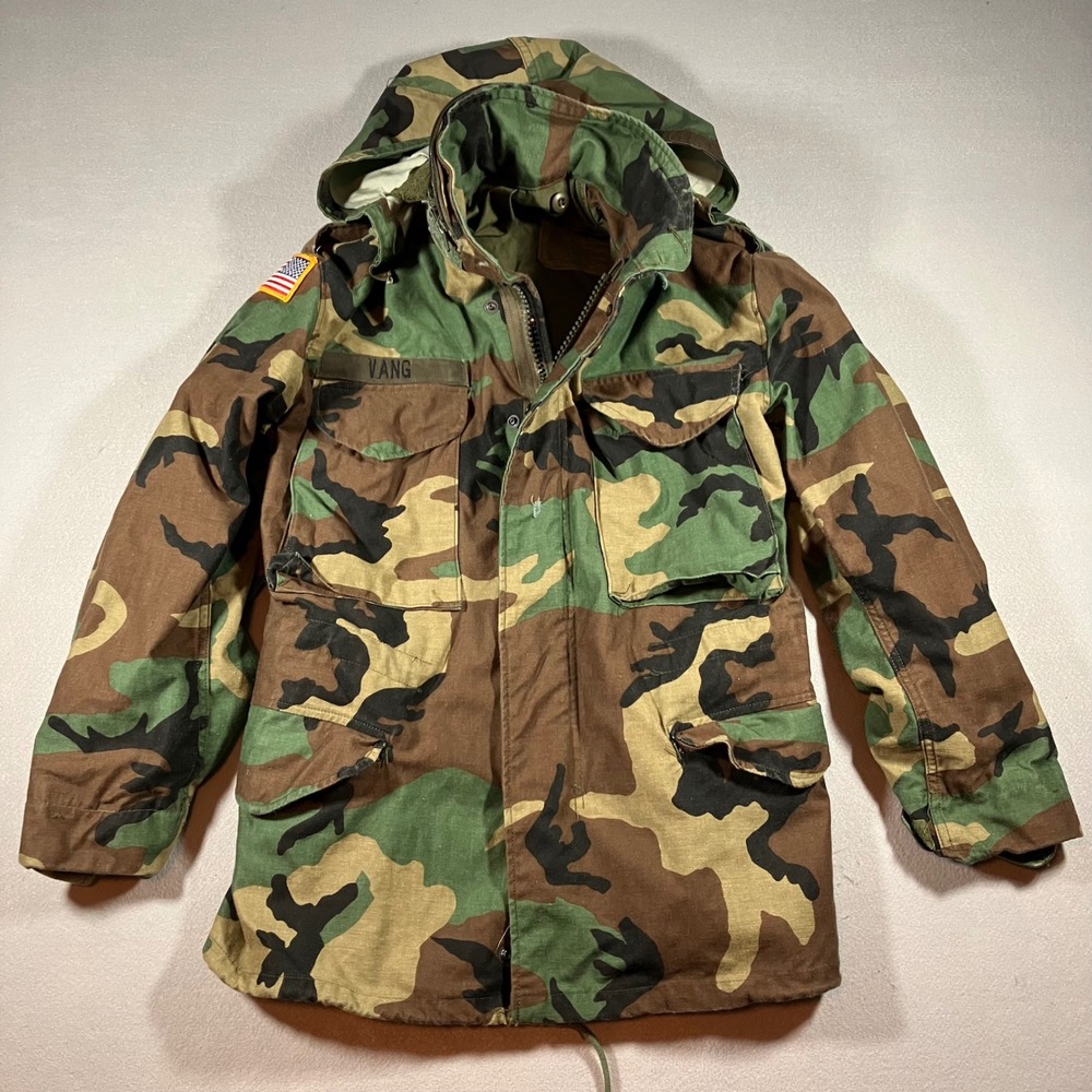 Vtg M65 Field Woodland Camo XS Short US Army Military Tactical Jacket Liner Hood